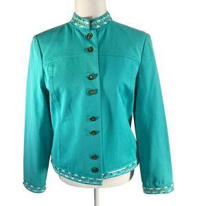 St. John's Sport Cotton Blend Teal Blue Button Up Jacket Embellished Detail Smal